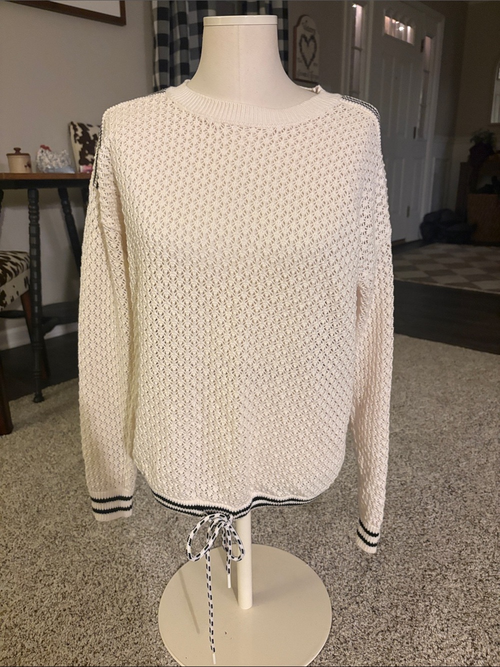 Lou & Grey Cream Knit Crewneck Sweater with Black Stripe Trim and Drawstring